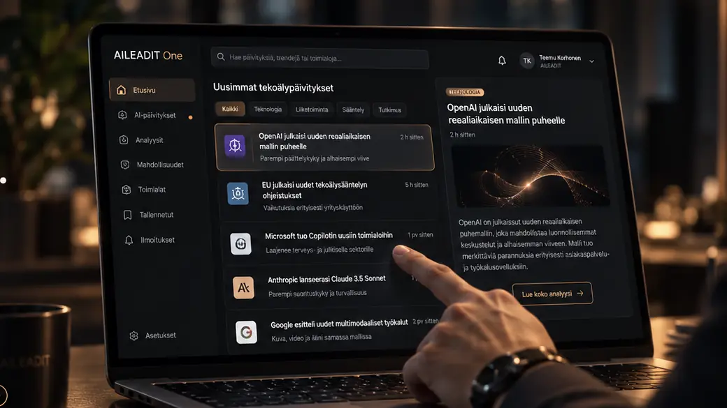 A person reviewing current AI-related information at a workspace.